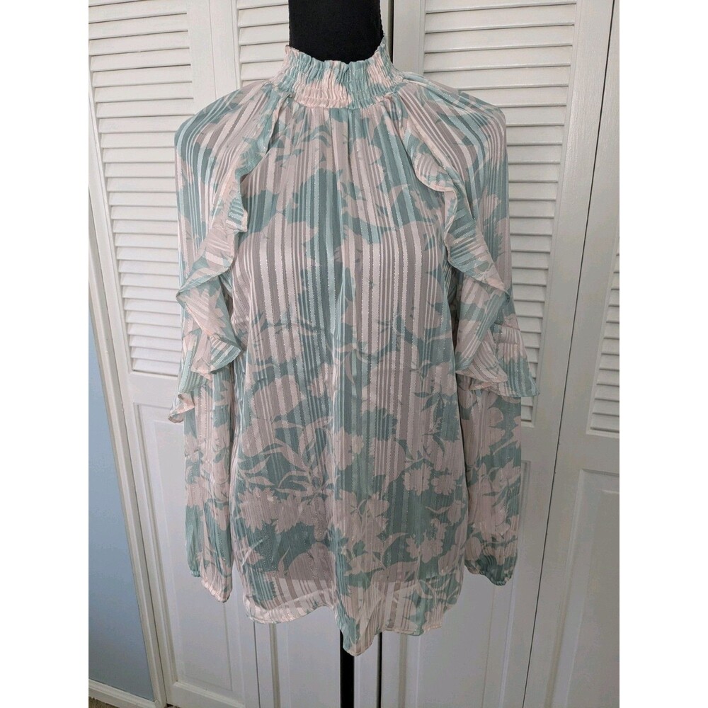 Moa Moa Blouse Women's M High Neck Ruffle Green Blush Floral Metallic Glam Top